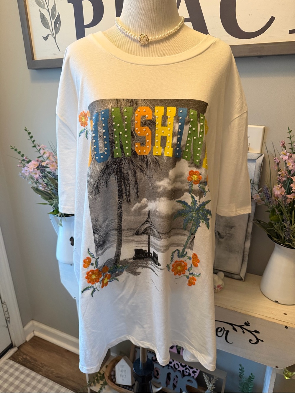 Cato White Graphic Tee with Multicolor Embellished Lettering and Floral Accents